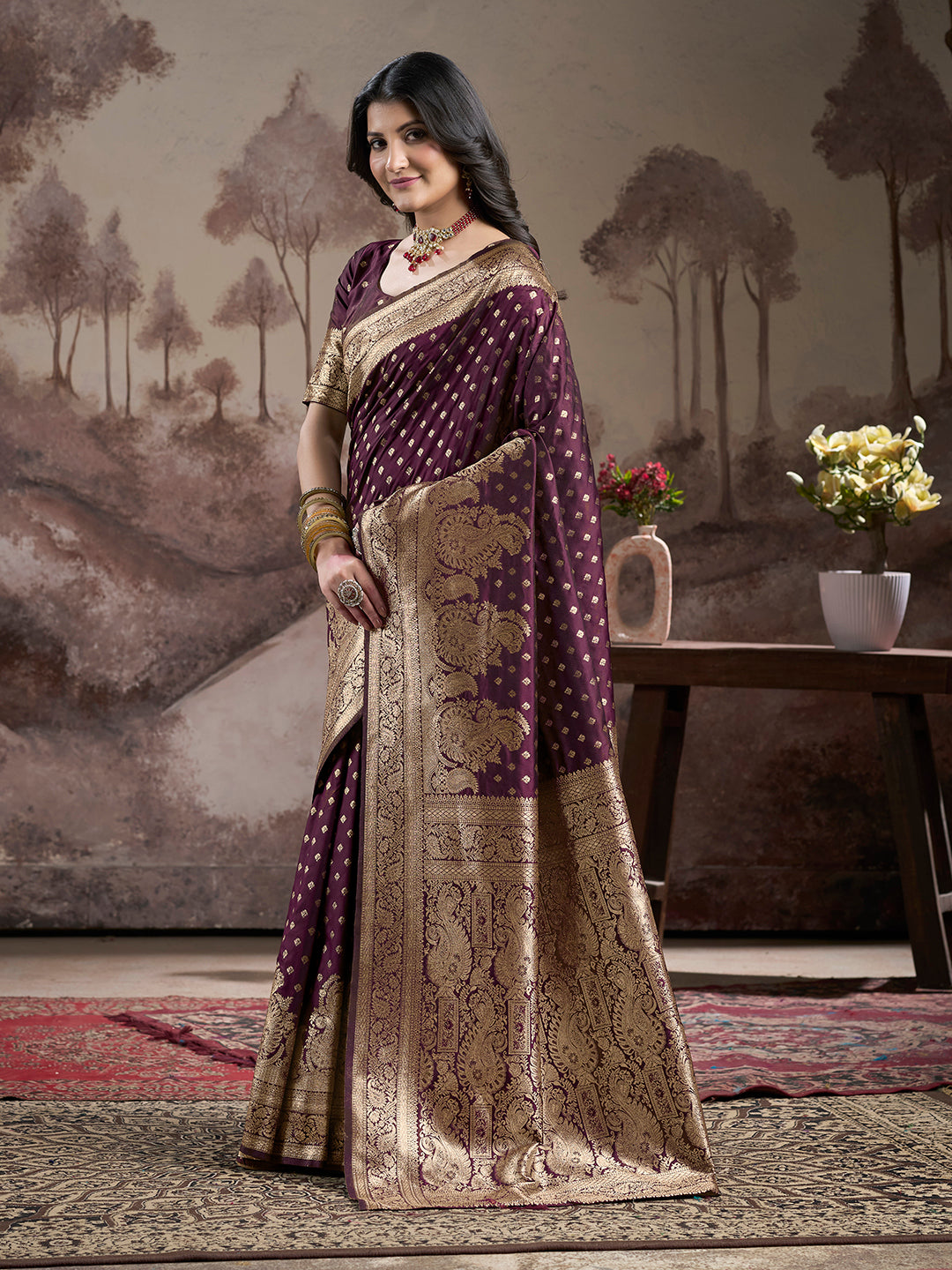 Jyoti Fashion Women's Wine Soft Lichi Silk Jacquard Traditional Saree with Blouse | Swadesiicart