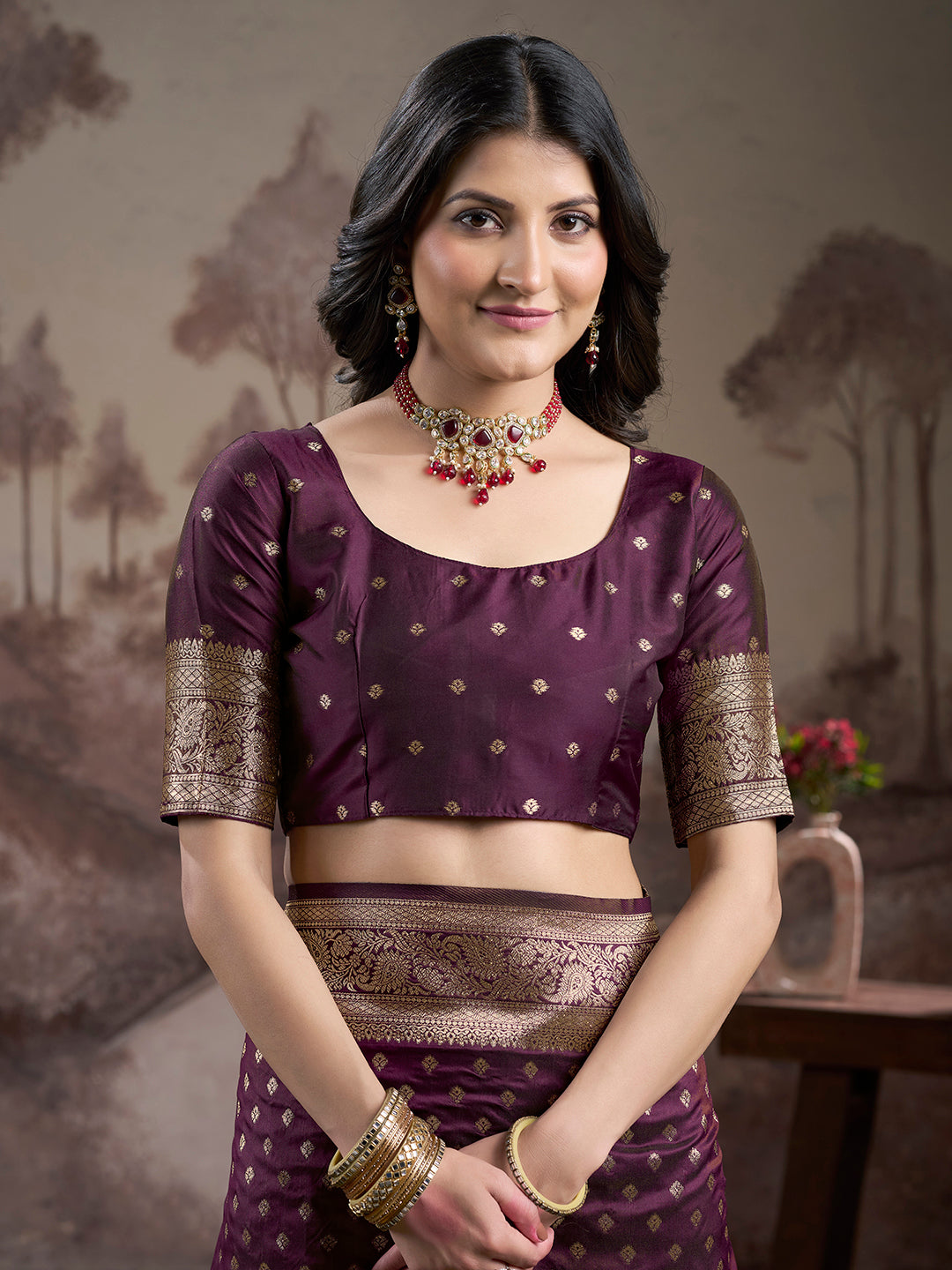 Jyoti Fashion Women's Wine Soft Lichi Silk Jacquard Traditional Saree with Blouse | Swadesiicart