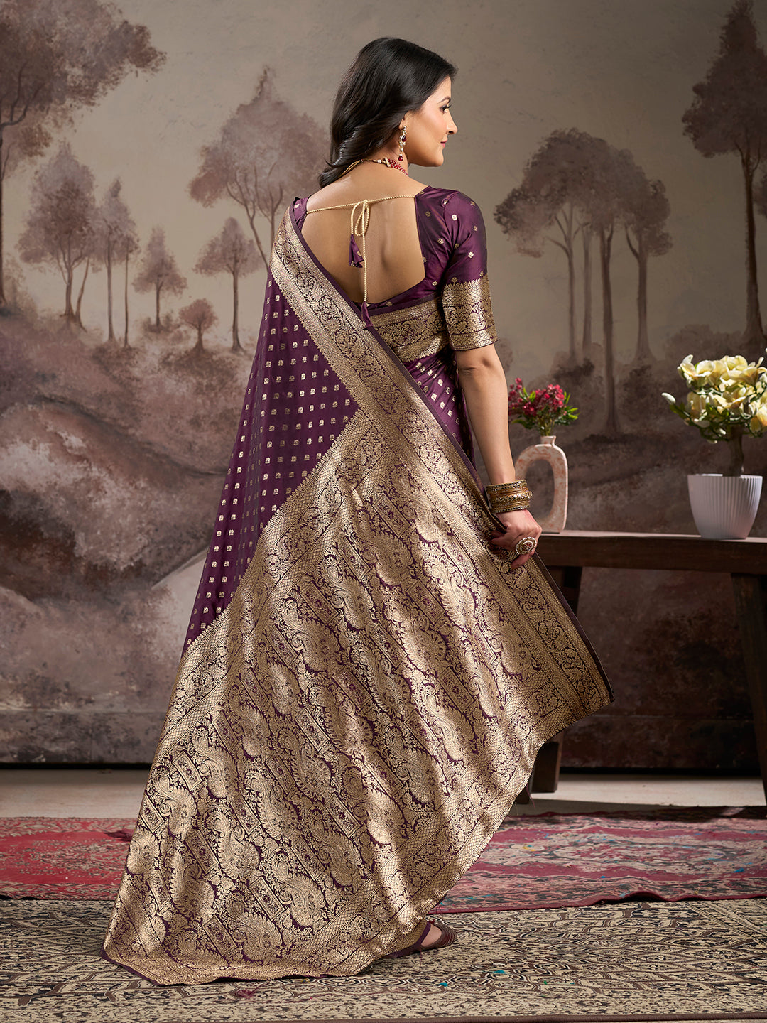 Jyoti Fashion Women's Wine Soft Lichi Silk Jacquard Traditional Saree with Blouse | Swadesiicart