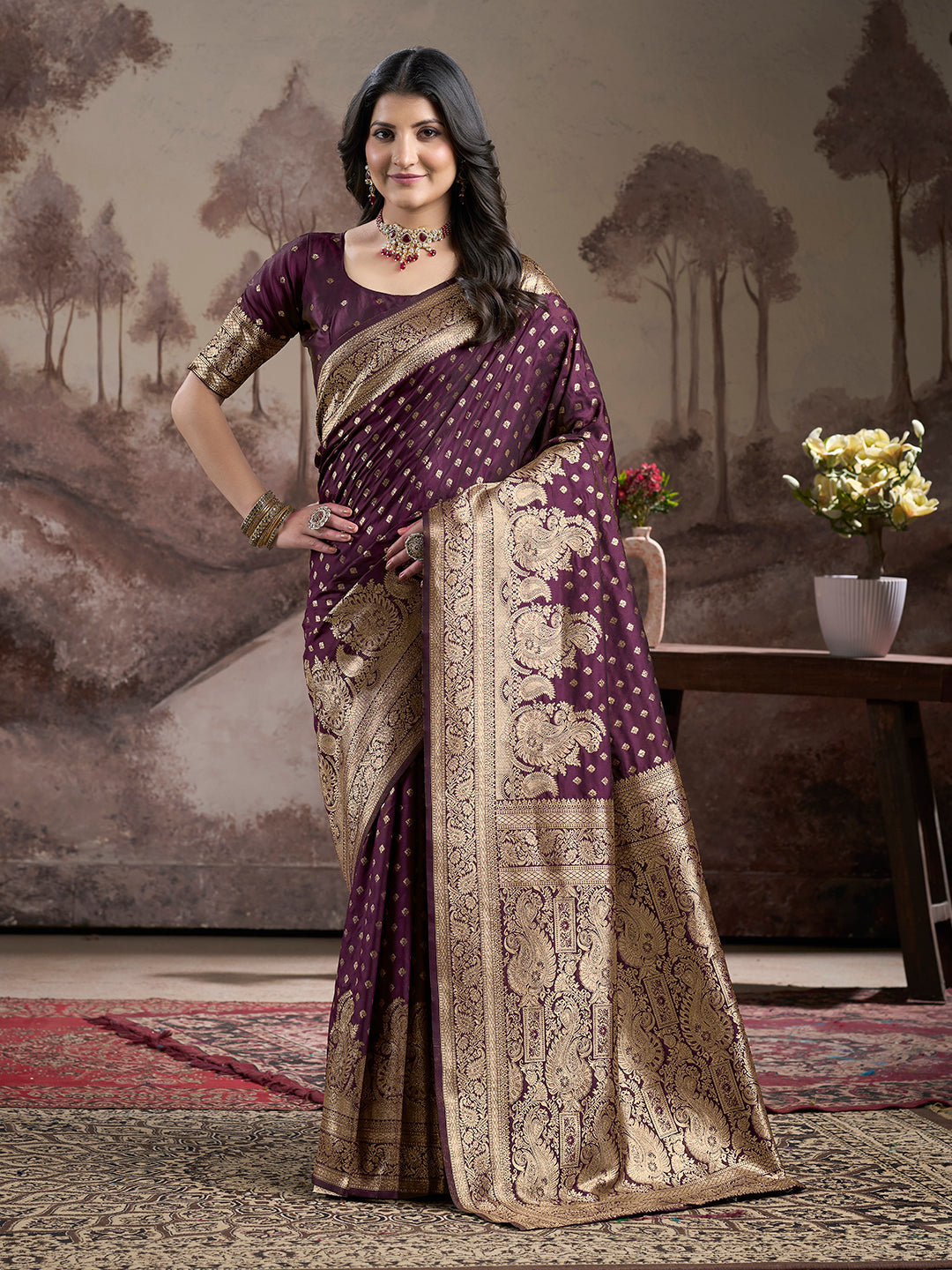 Jyoti Fashion Women's Wine Soft Lichi Silk Jacquard Traditional Saree with Blouse | Swadesiicart