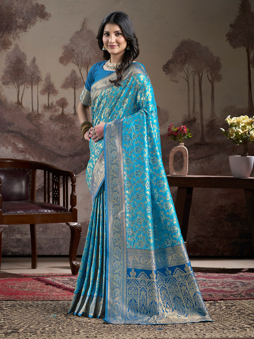 Jyoti Fashion Women's Sky Blue Soft Lichi Silk Jacquard Traditional Saree with Blouse | Swadesiicart