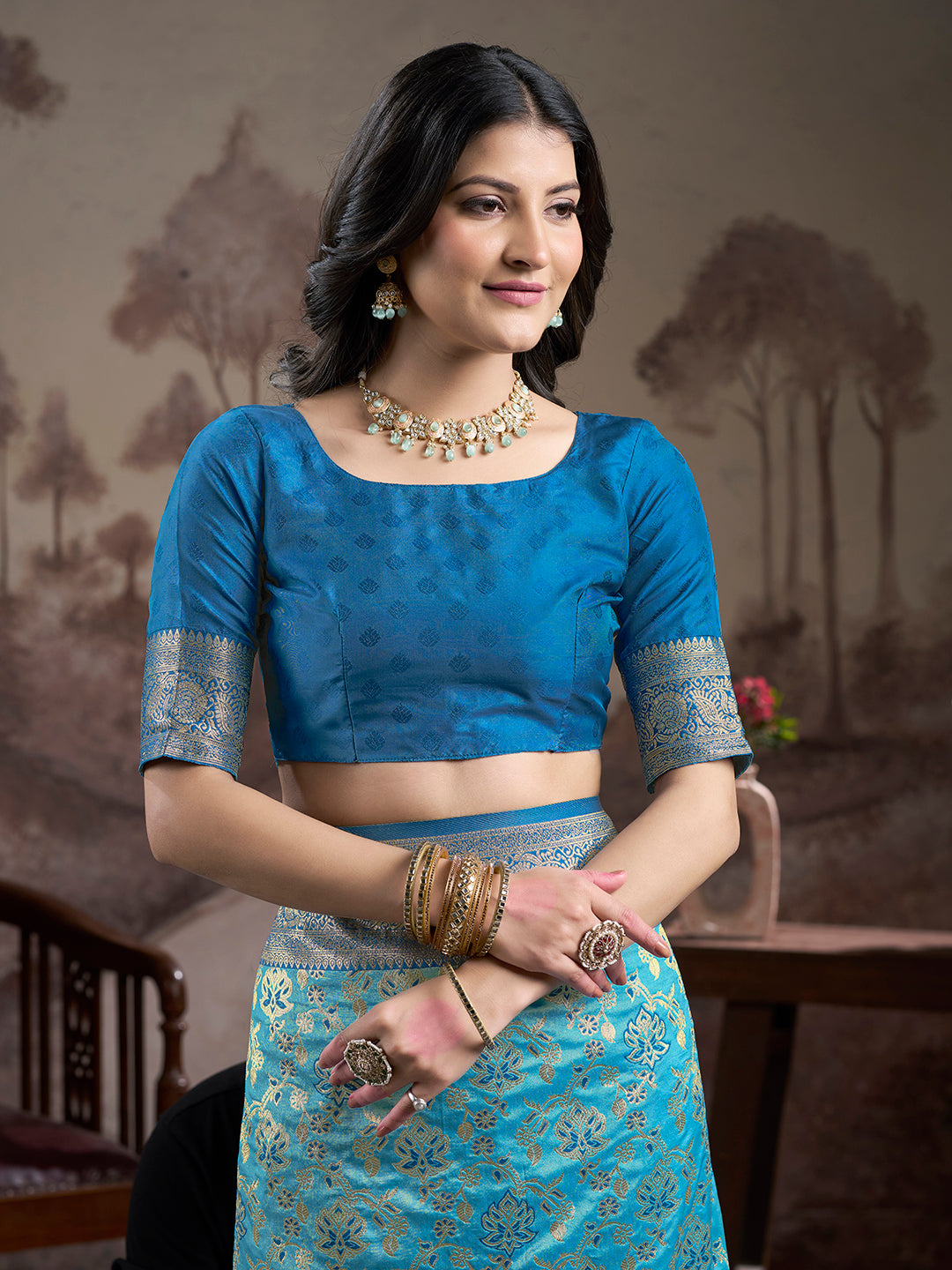 Jyoti Fashion Women's Sky Blue Soft Lichi Silk Jacquard Traditional Saree with Blouse | Swadesiicart