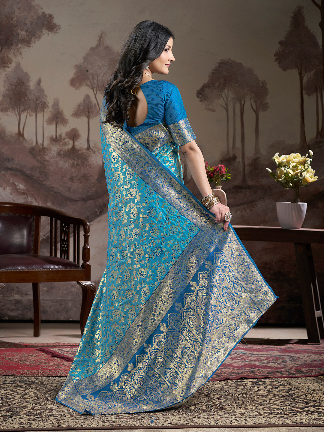 Jyoti Fashion Women's Sky Blue Soft Lichi Silk Jacquard Traditional Saree with Blouse | Swadesiicart