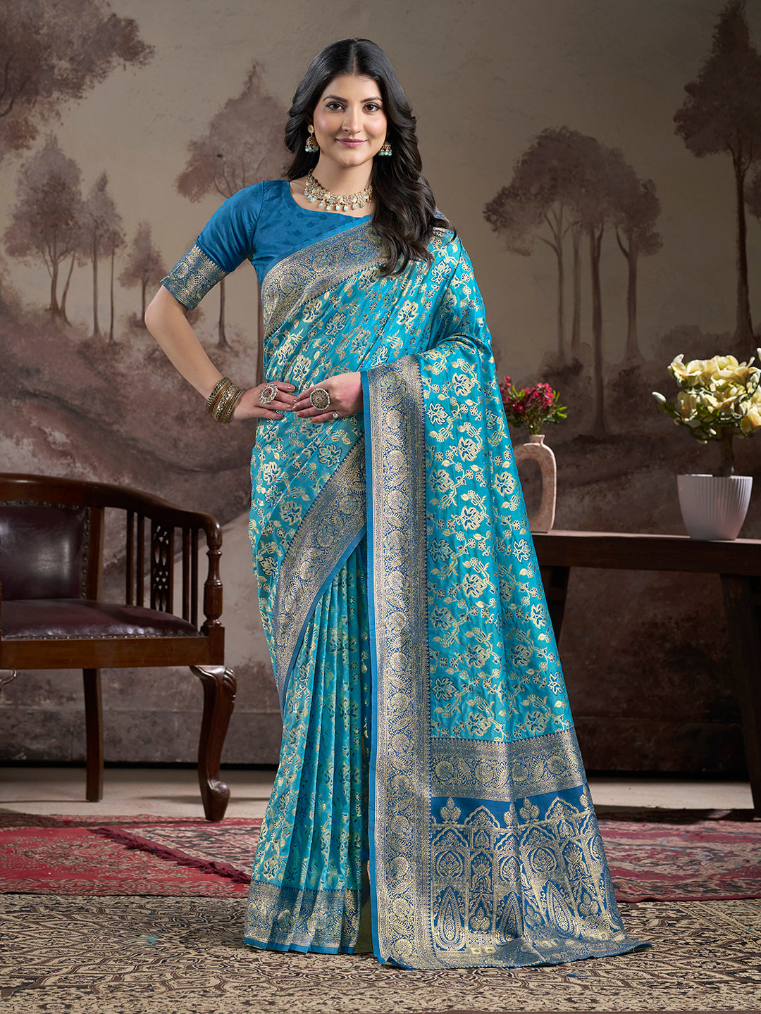 Jyoti Fashion Women's Sky Blue Soft Lichi Silk Jacquard Traditional Saree with Blouse | Swadesiicart