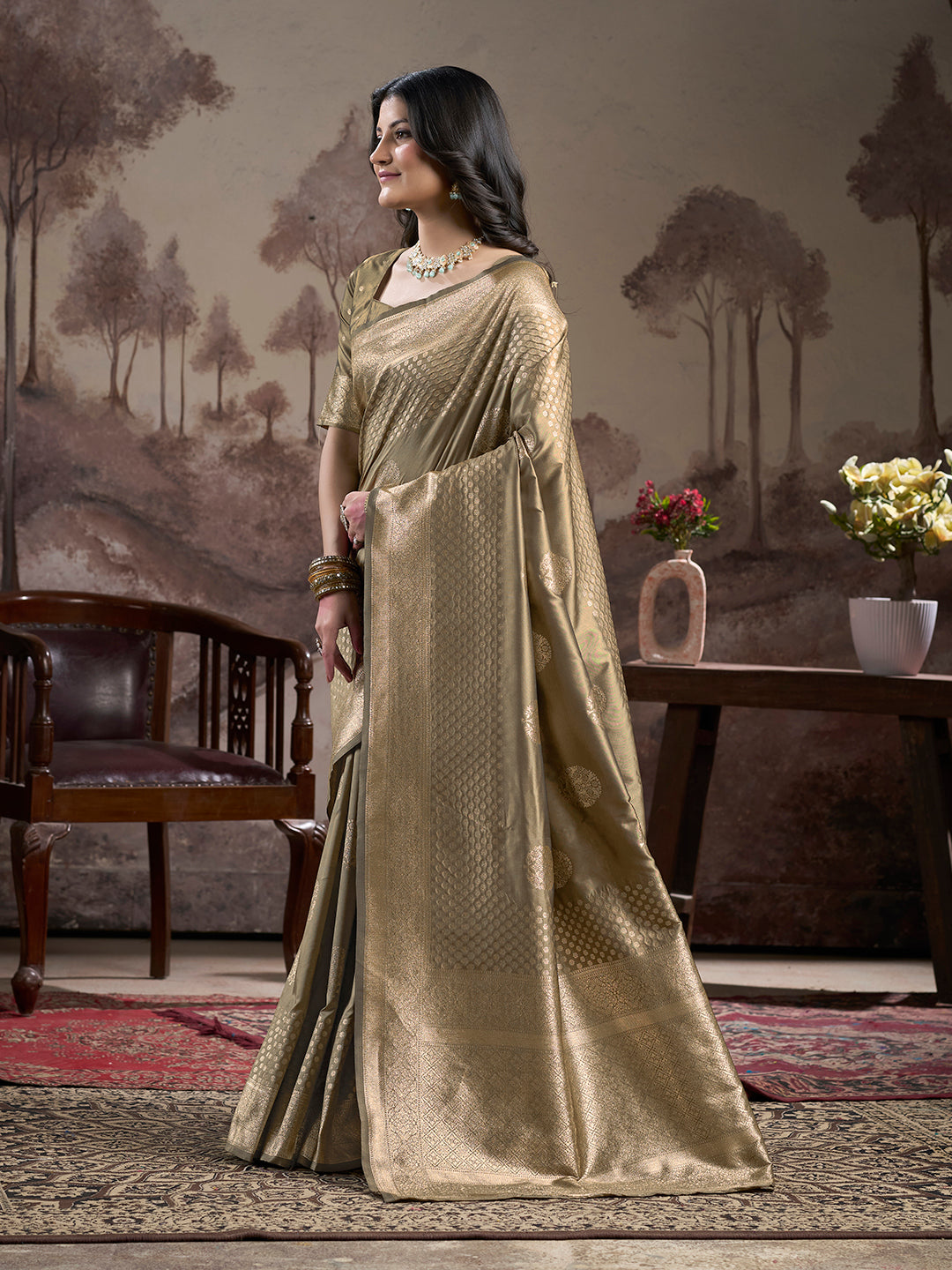 Jyoti Fashion Women's Beige Soft Lichi Silk Jacquard Traditional Saree with Blouse | Swadesiicart
