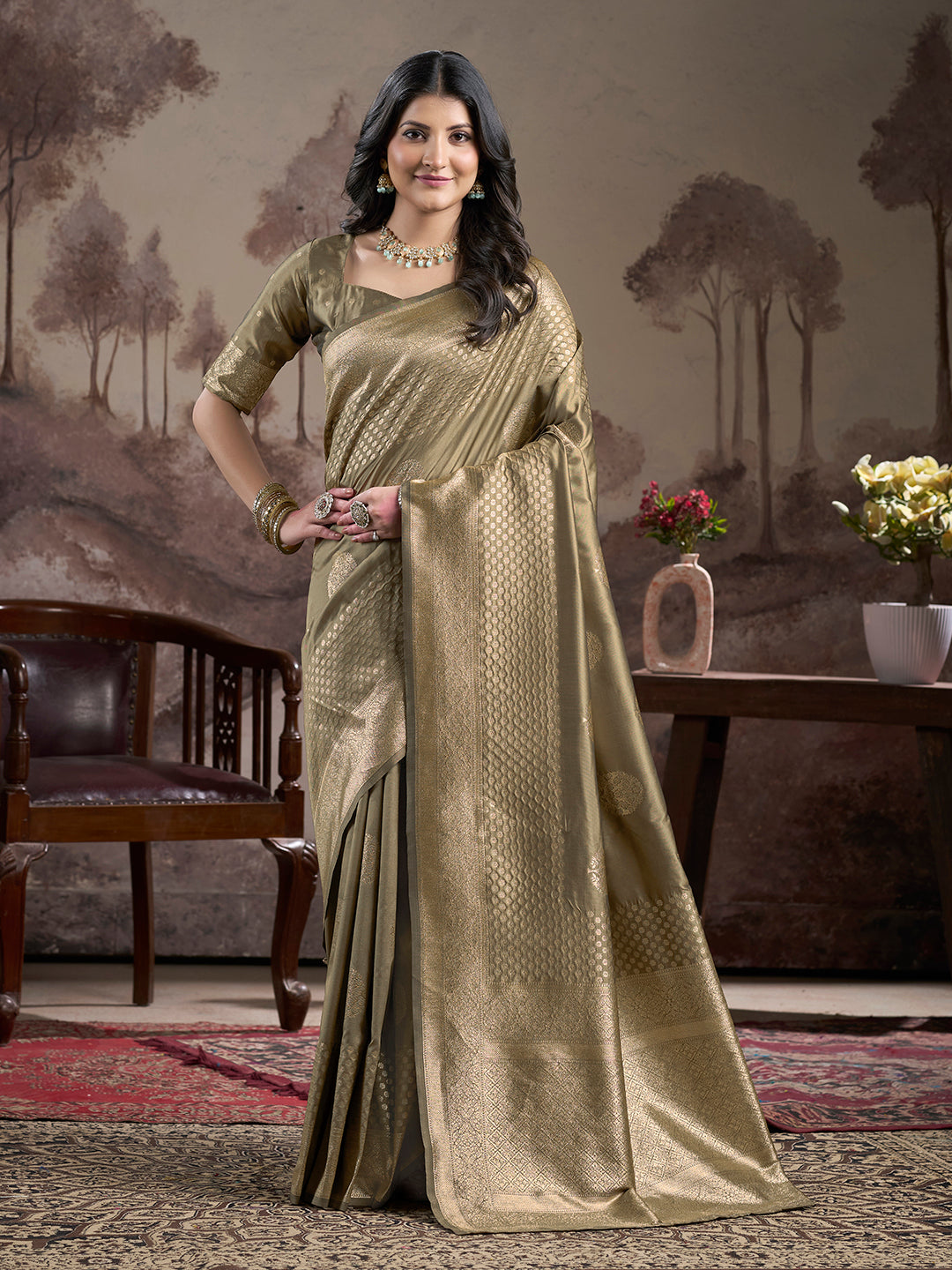 Jyoti Fashion Women's Beige Soft Lichi Silk Jacquard Traditional Saree with Blouse | Swadesiicart