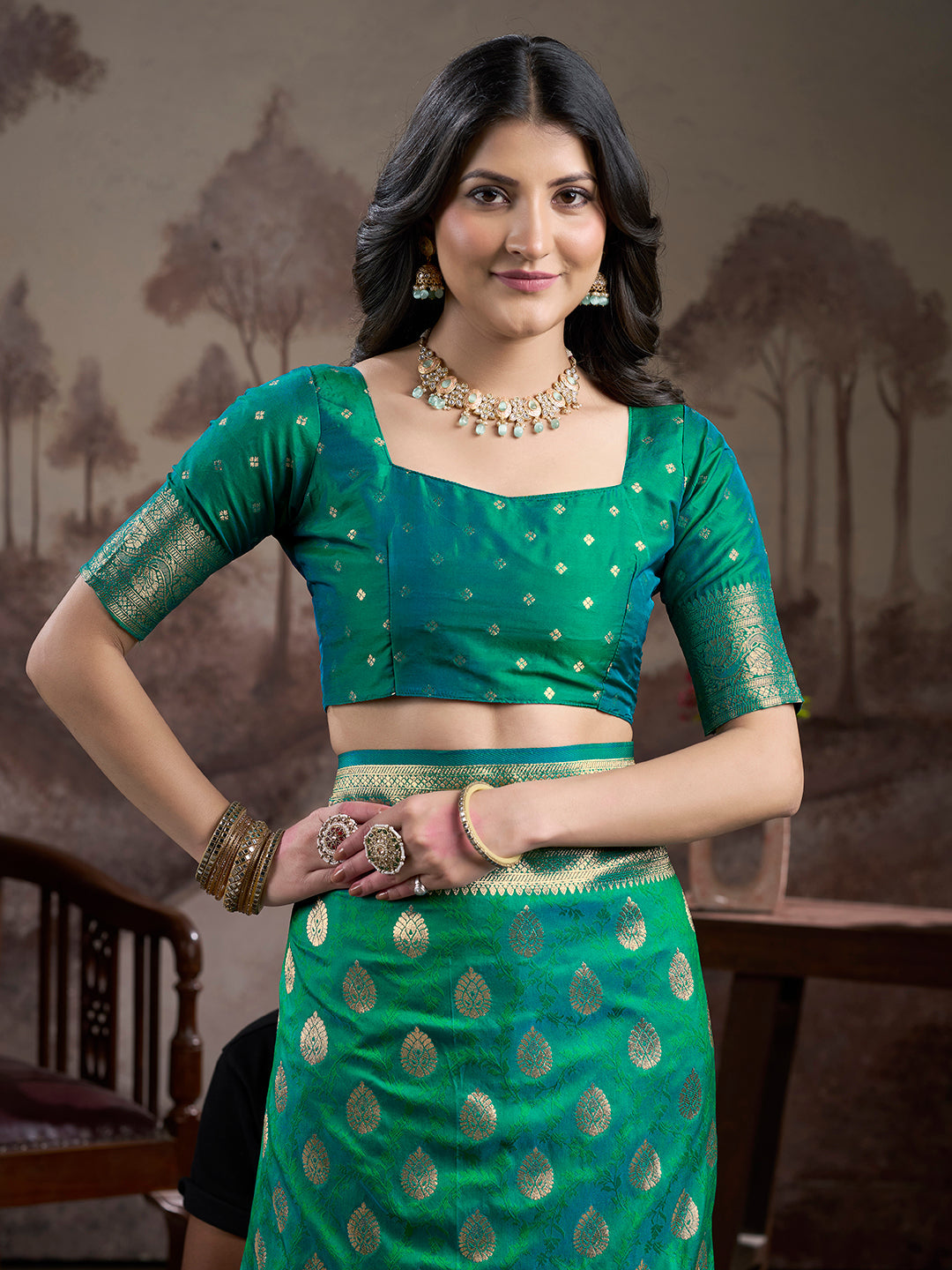 Jyoti Fashion Women's Green Soft Lichi Silk Jacquard Traditional Saree with Blouse | Swadesiicart