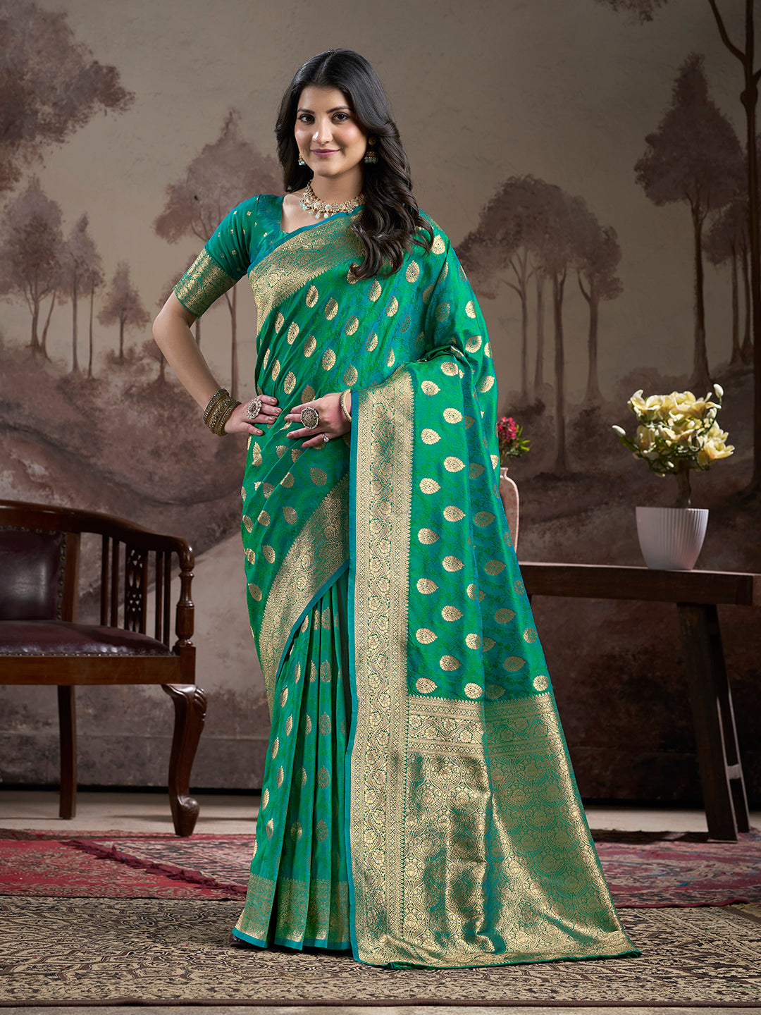 Jyoti Fashion Women's Green Soft Lichi Silk Jacquard Traditional Saree with Blouse | Swadesiicart