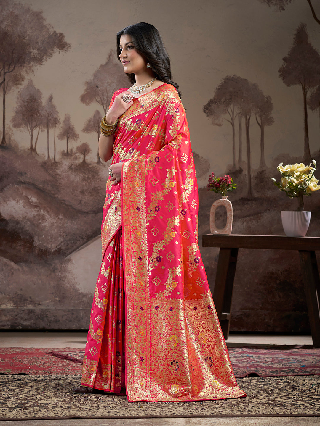 Jyoti Fashion Women's Red Soft Lichi Silk Jacquard Traditional Saree with Blouse | Swadesiicart