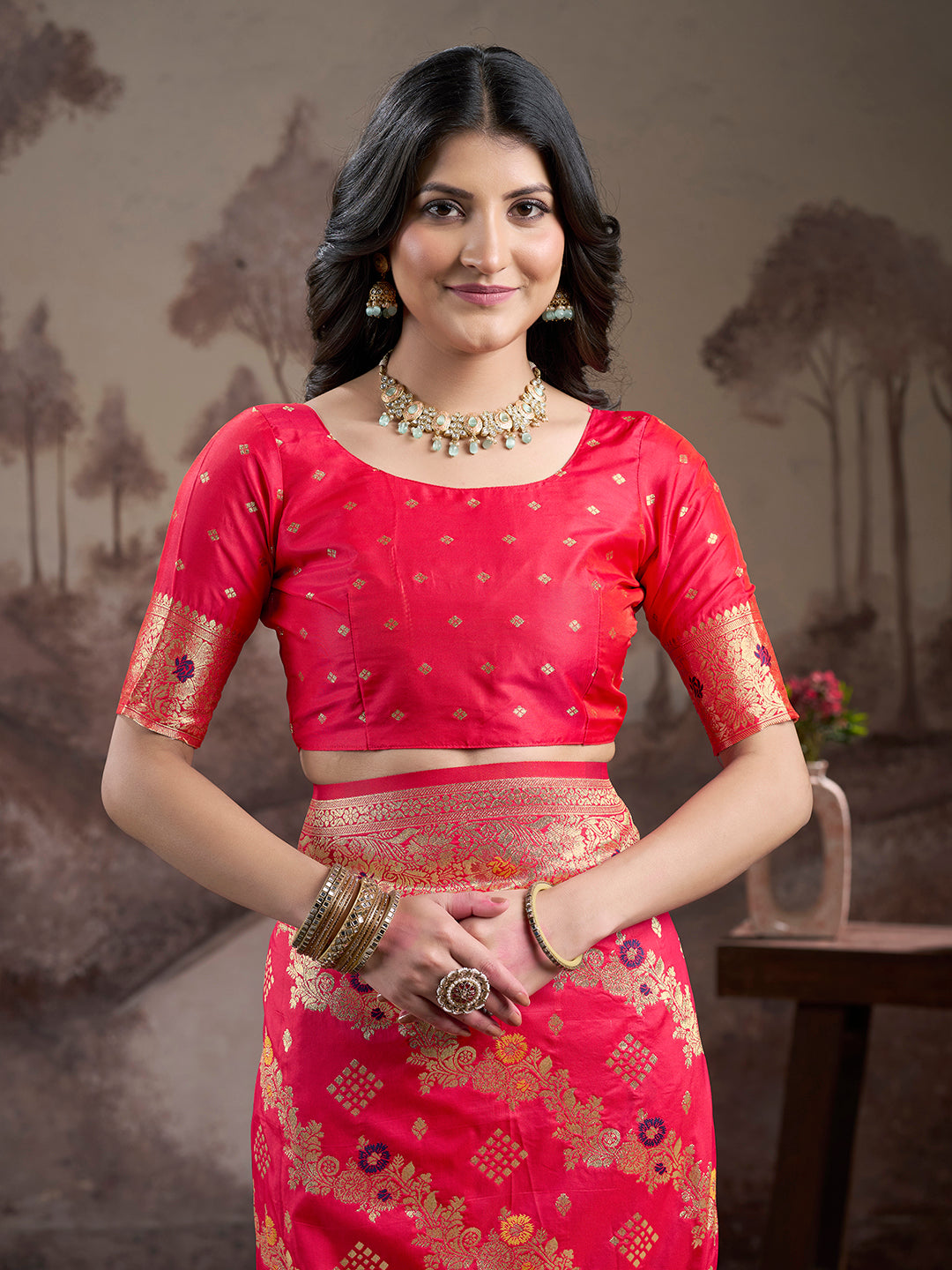 Jyoti Fashion Women's Red Soft Lichi Silk Jacquard Traditional Saree with Blouse | Swadesiicart