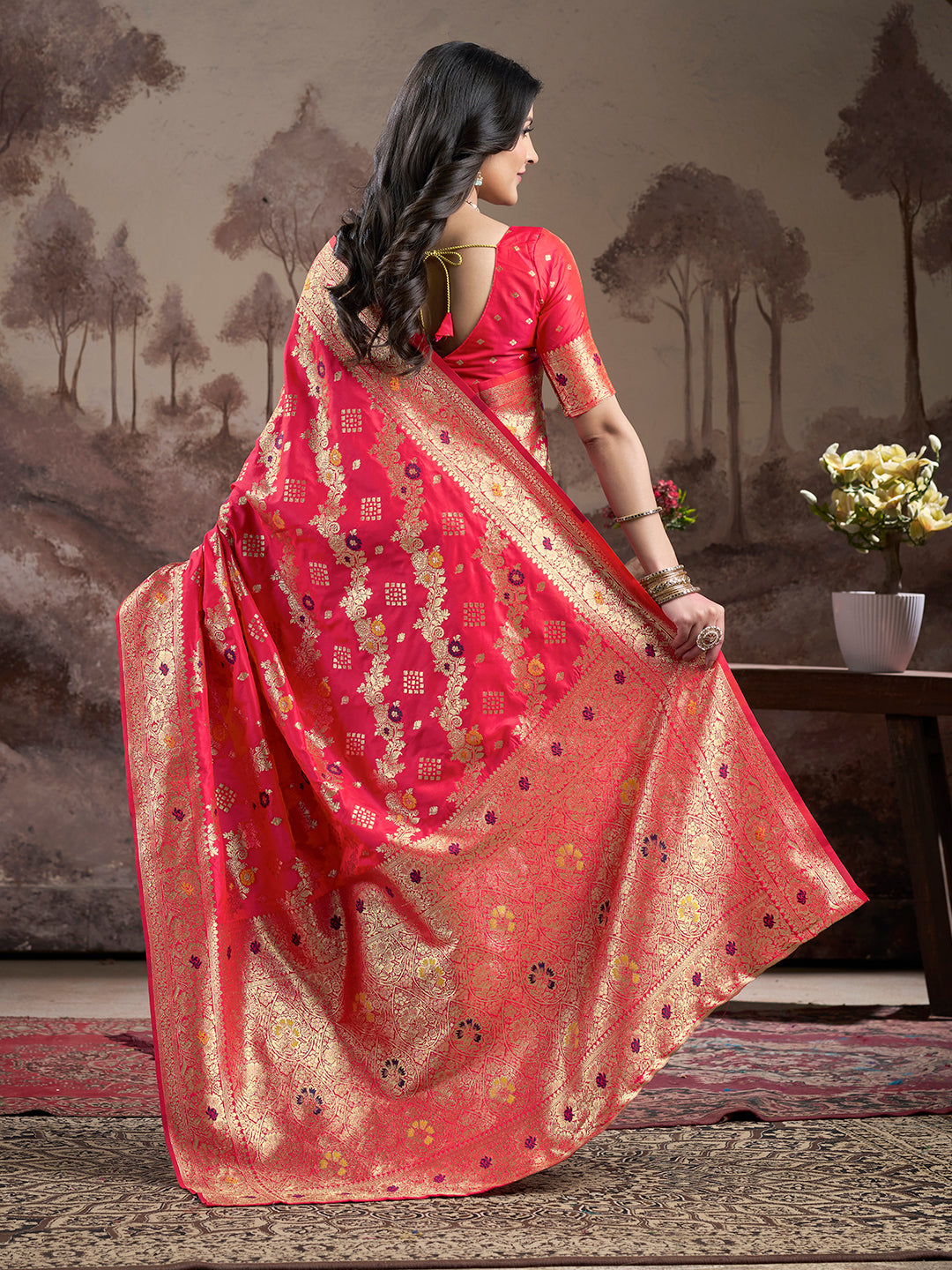 Jyoti Fashion Women's Red Soft Lichi Silk Jacquard Traditional Saree with Blouse | Swadesiicart