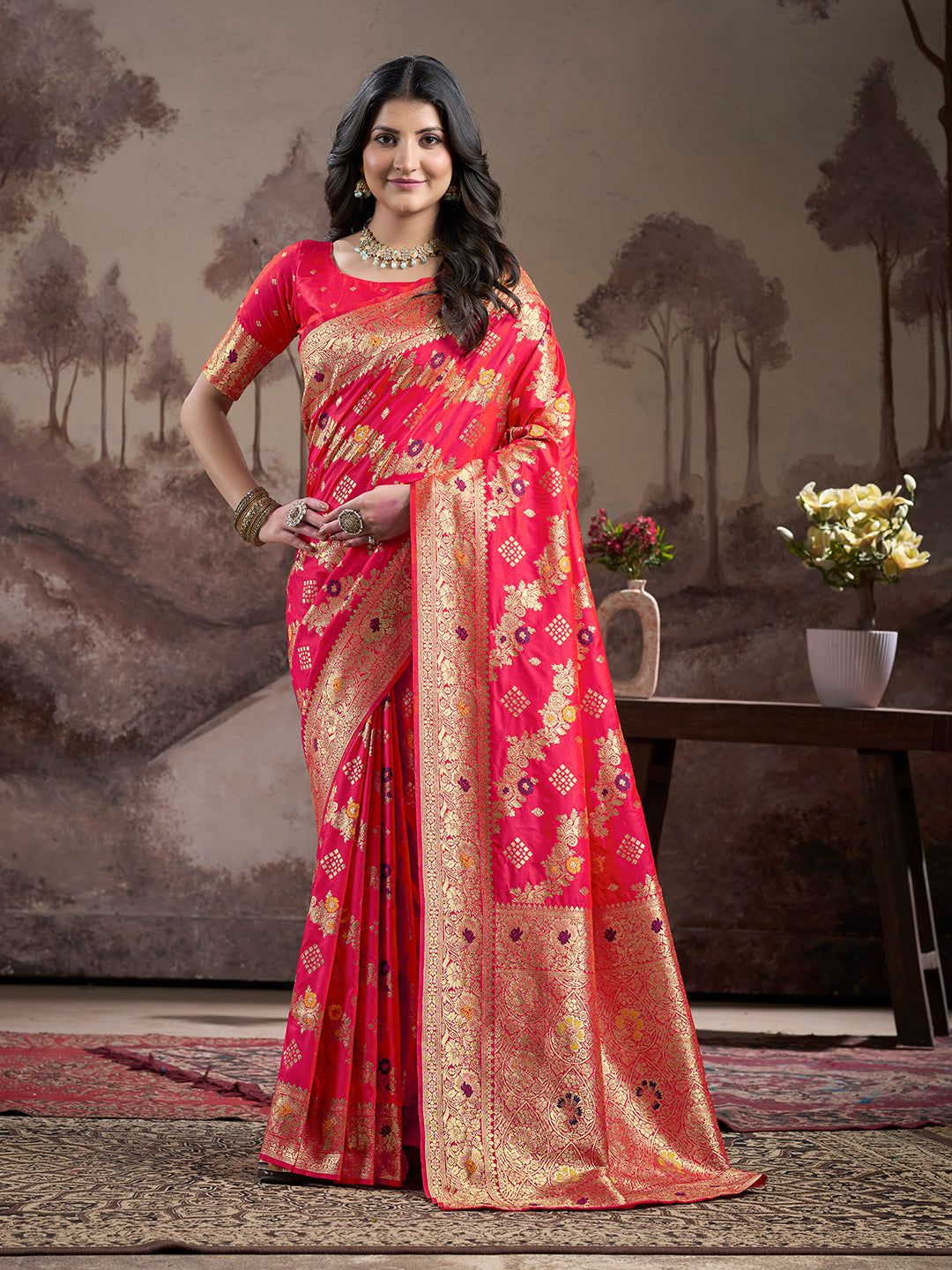 Jyoti Fashion Women's Red Soft Lichi Silk Jacquard Traditional Saree with Blouse | Swadesiicart