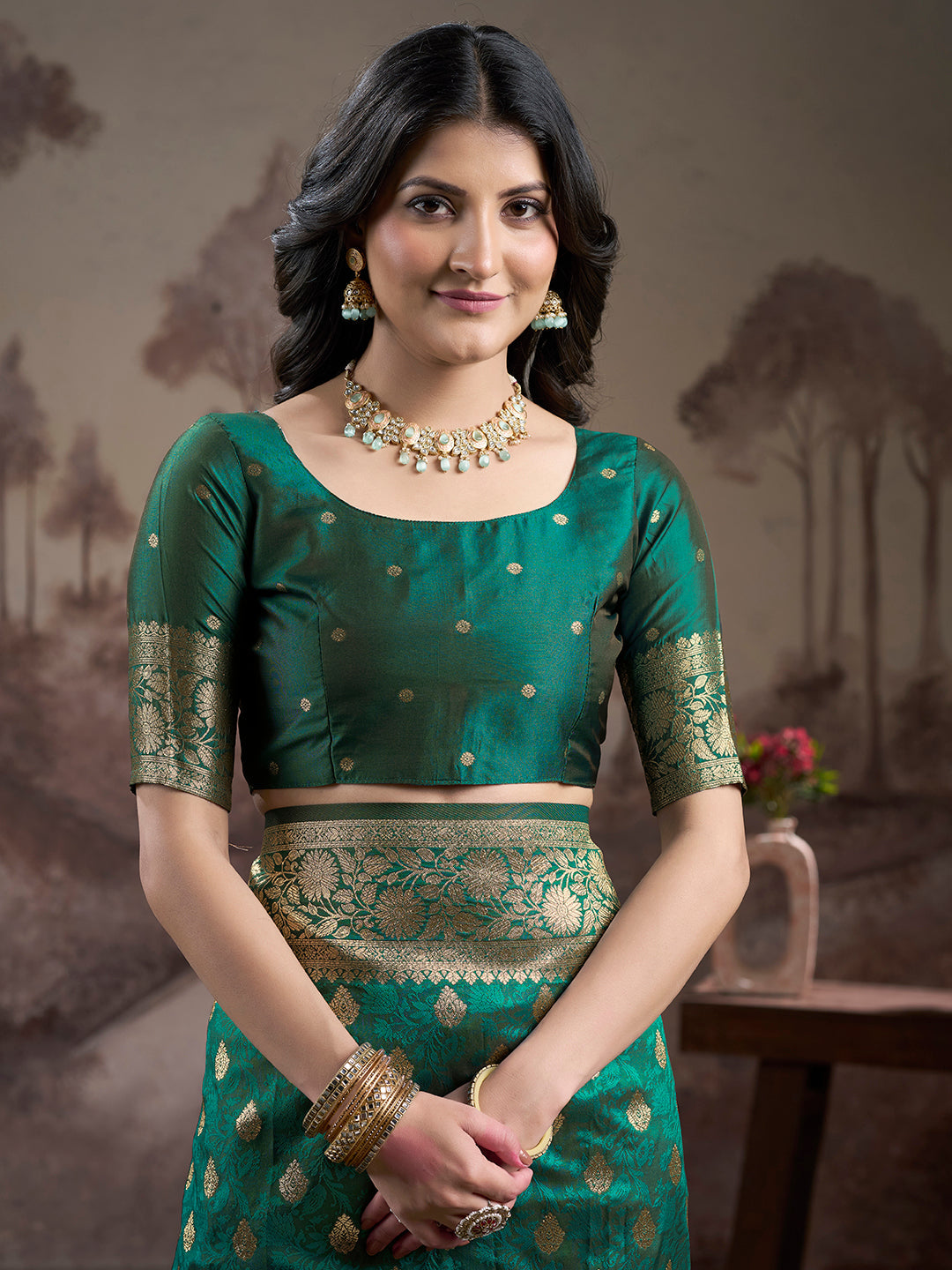 Jyoti Fashion Women's Green Soft Lichi Silk Jacquard Traditional Saree with Blouse | Swadesiicart