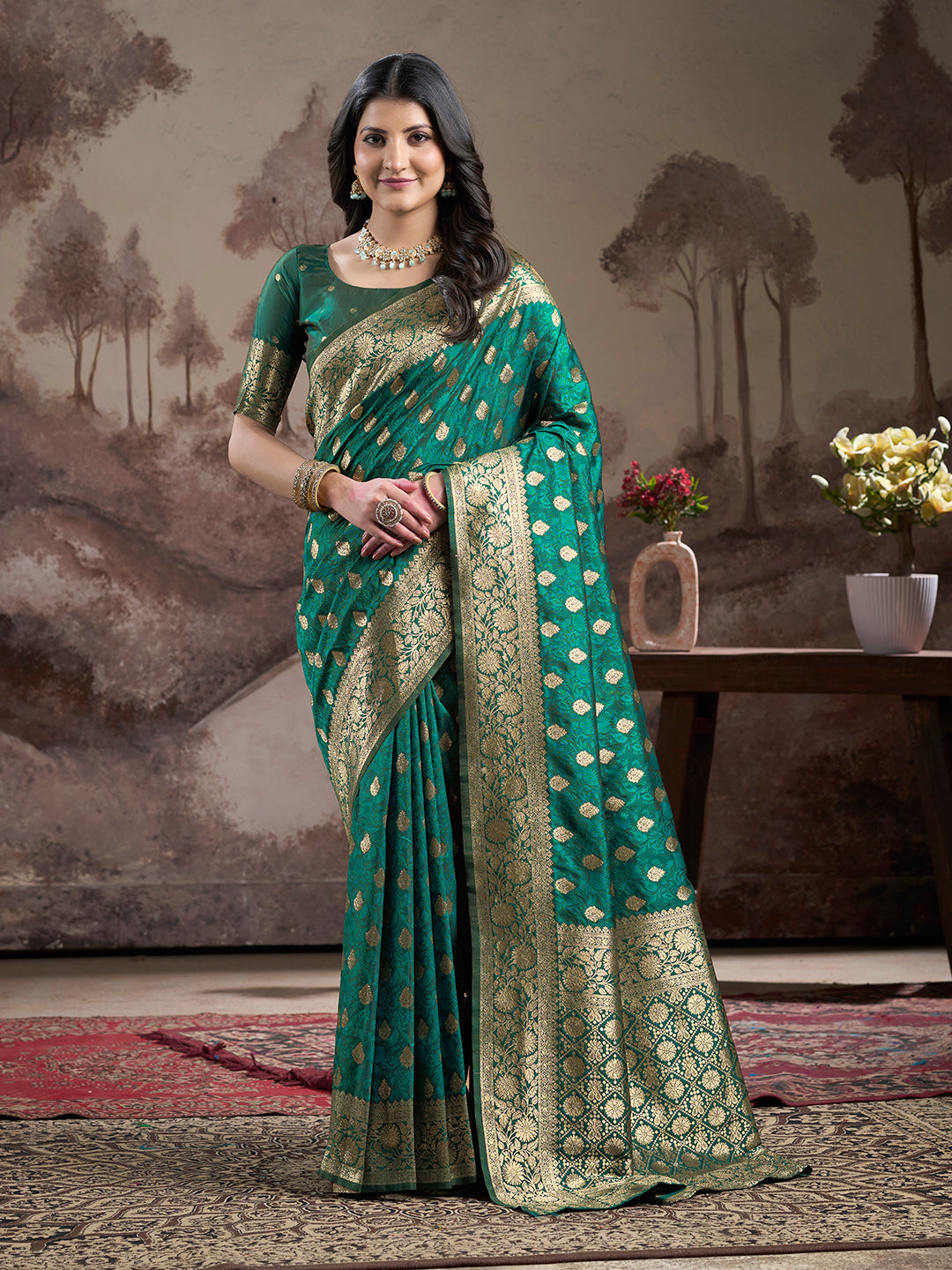 Jyoti Fashion Women's Green Soft Lichi Silk Jacquard Traditional Saree with Blouse | Swadesiicart