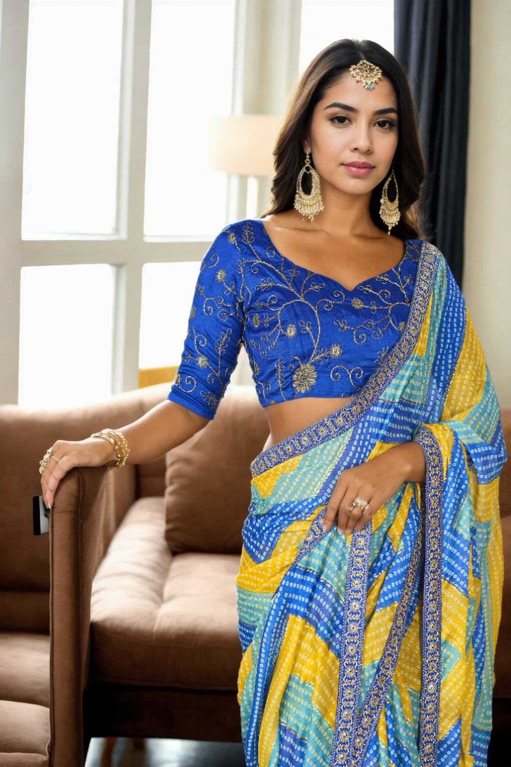 Jyoti Fashion Women's Multicolor Chinon Bandhani Print with Embroidered Saree with Blouse | Swadesiicart