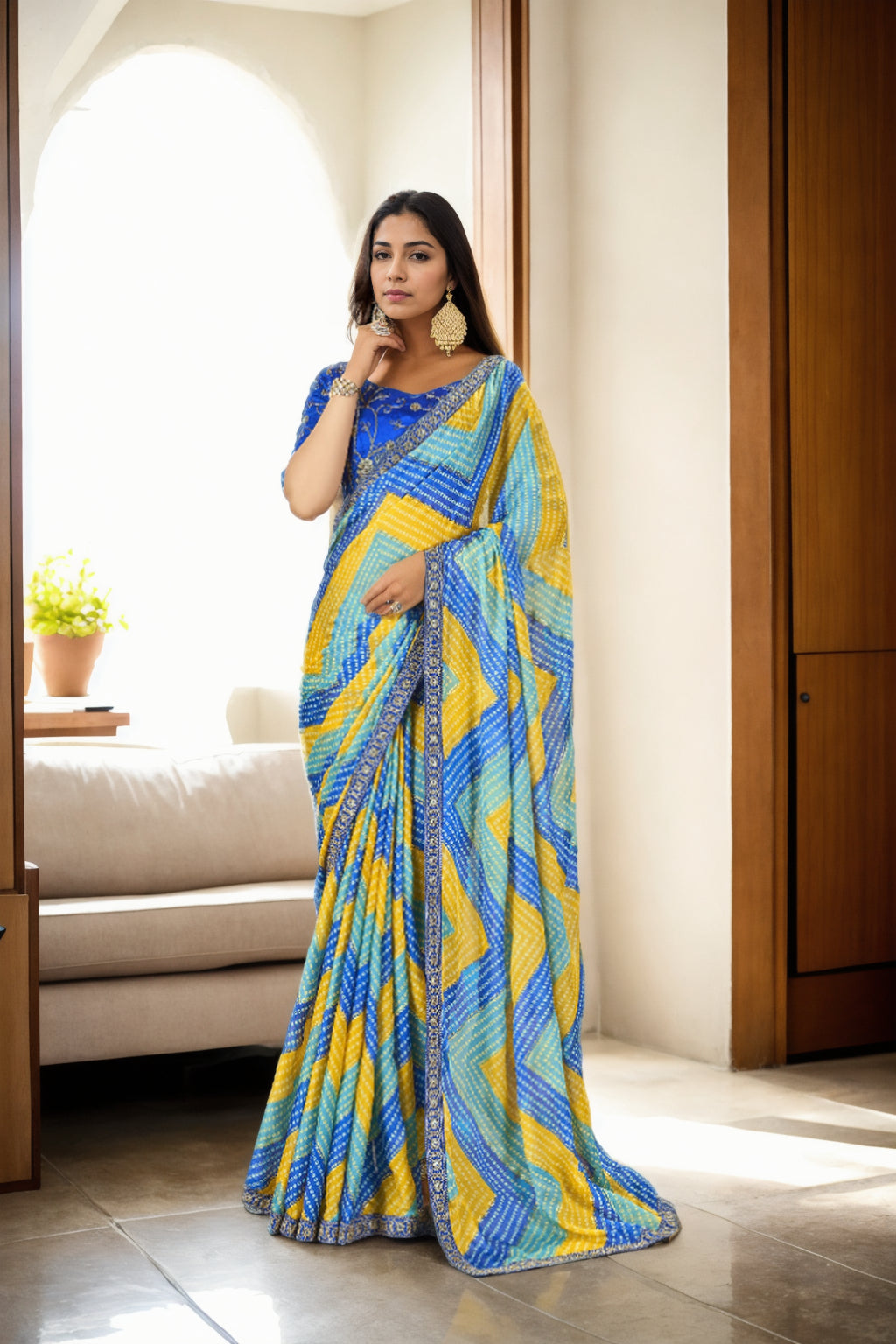 Jyoti Fashion Women's Multicolor Chinon Bandhani Print with Embroidered Saree with Blouse | Swadesiicart