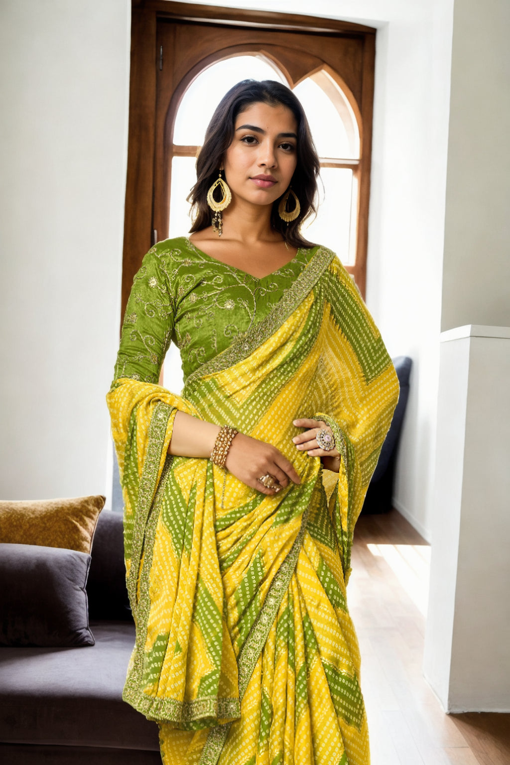 Jyoti Fashion Women's Yellow Chinon Bandhani Print with Embroidered Saree with Blouse | Swadesiicart