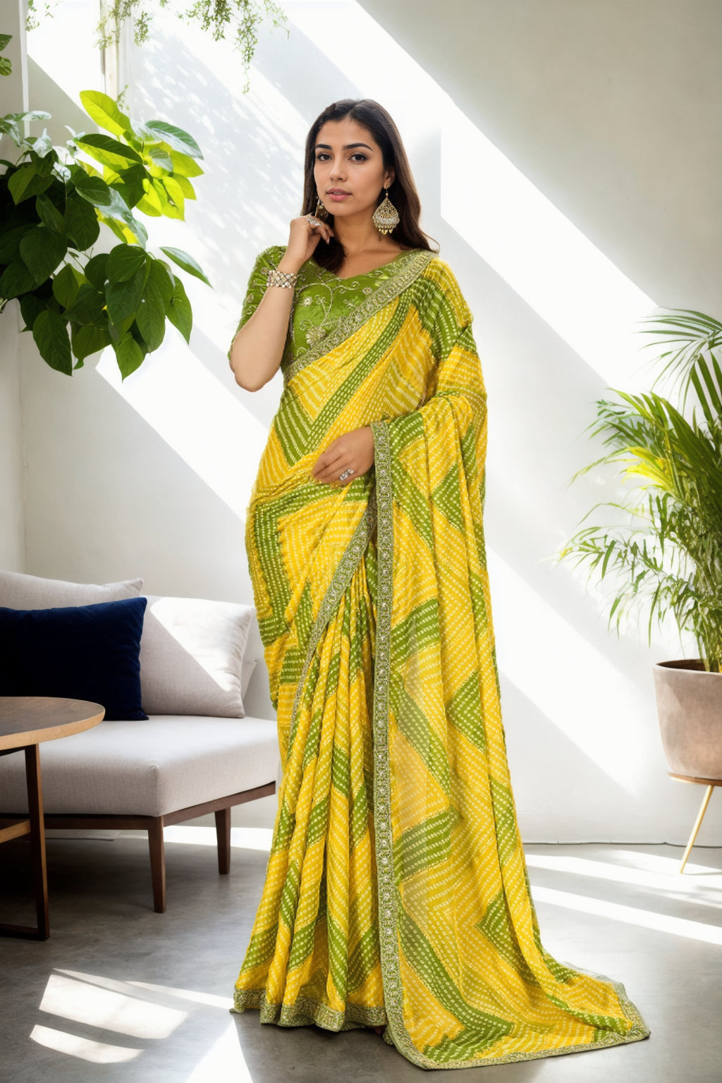 Jyoti Fashion Women's Yellow Chinon Bandhani Print with Embroidered Saree with Blouse | Swadesiicart