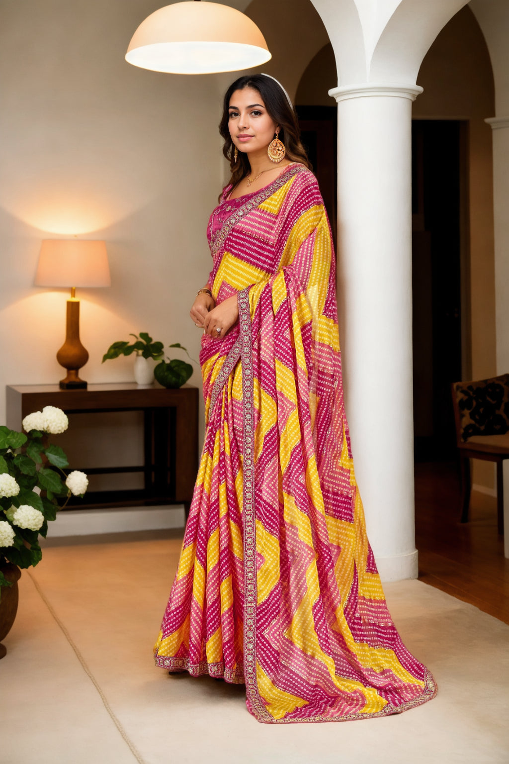Jyoti Fashion Women's Multicolor Chinon Bandhani Print with Embroidered Saree with Blouse | Swadesiicart