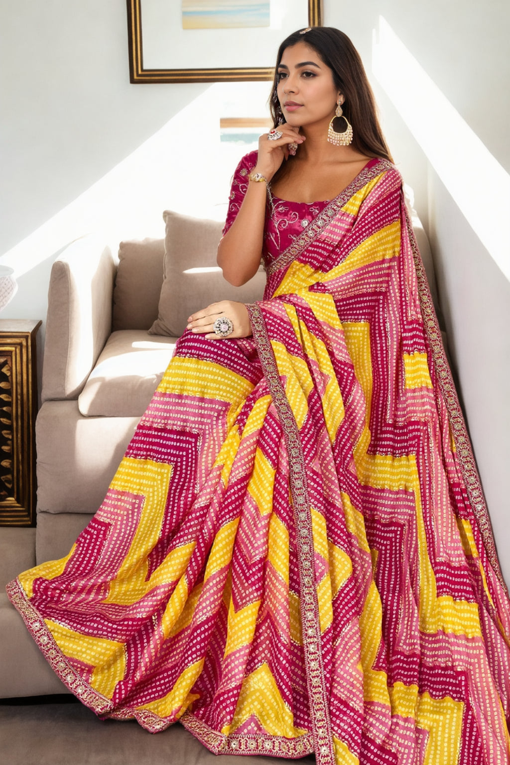 Jyoti Fashion Women's Multicolor Chinon Bandhani Print with Embroidered Saree with Blouse | Swadesiicart