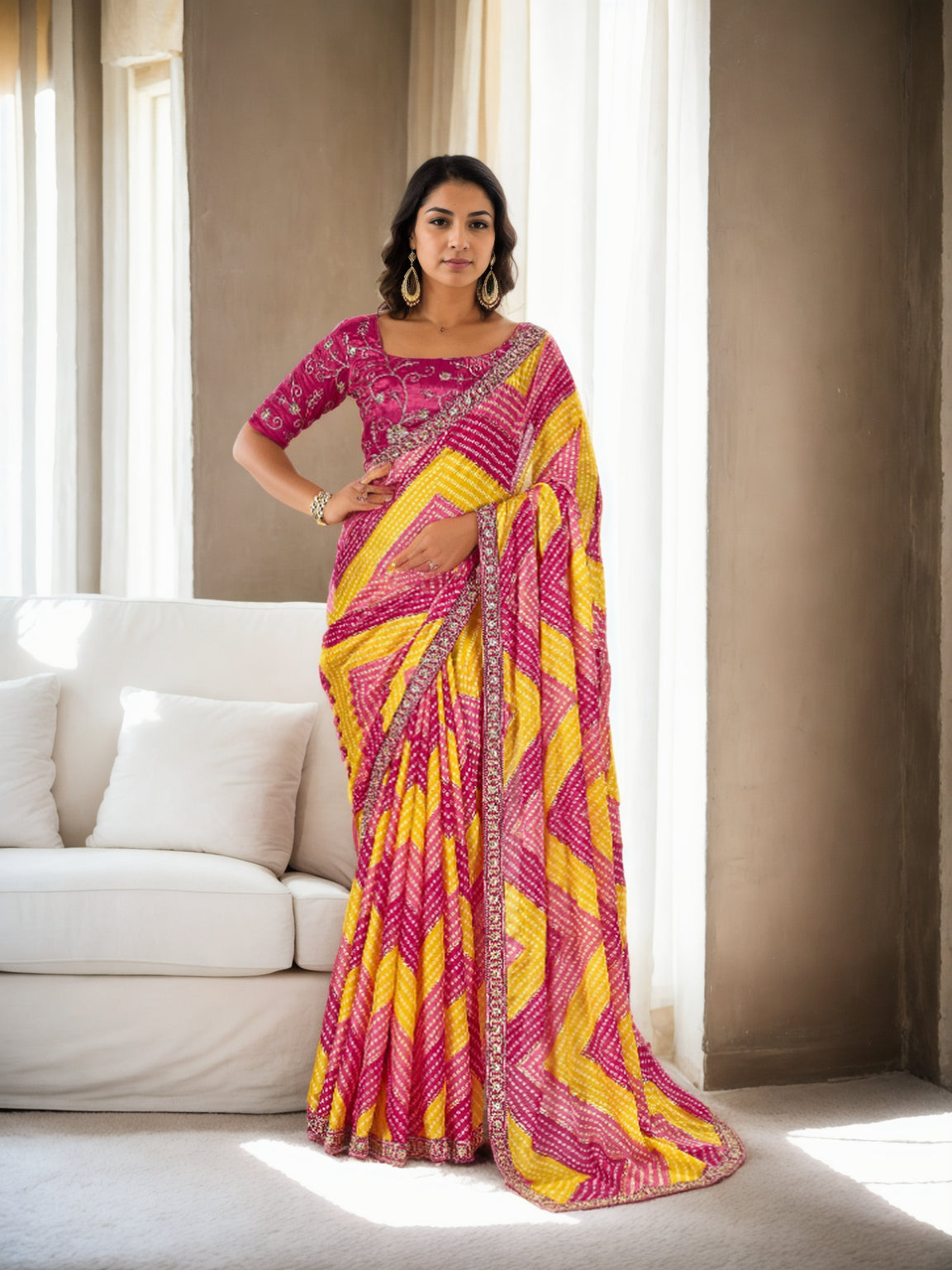 Jyoti Fashion Women's Multicolor Chinon Bandhani Print with Embroidered Saree with Blouse | Swadesiicart
