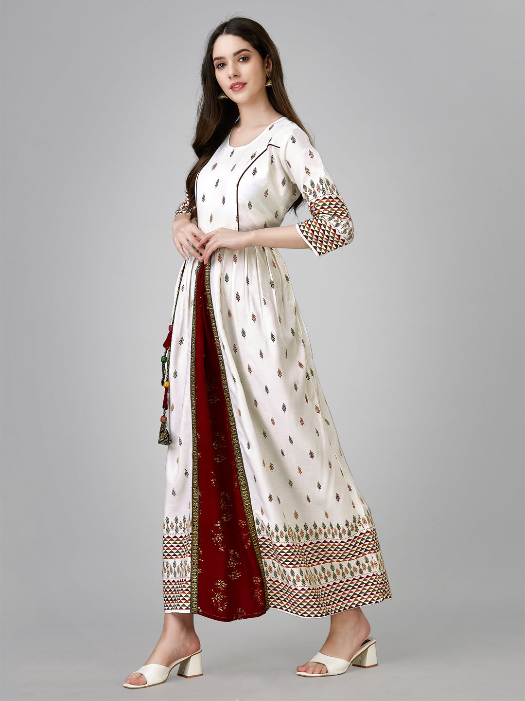 Jyoti Fashion Women's White Rayon Leaf Printed Long Designer Anarkali Dress | Swadesiicart