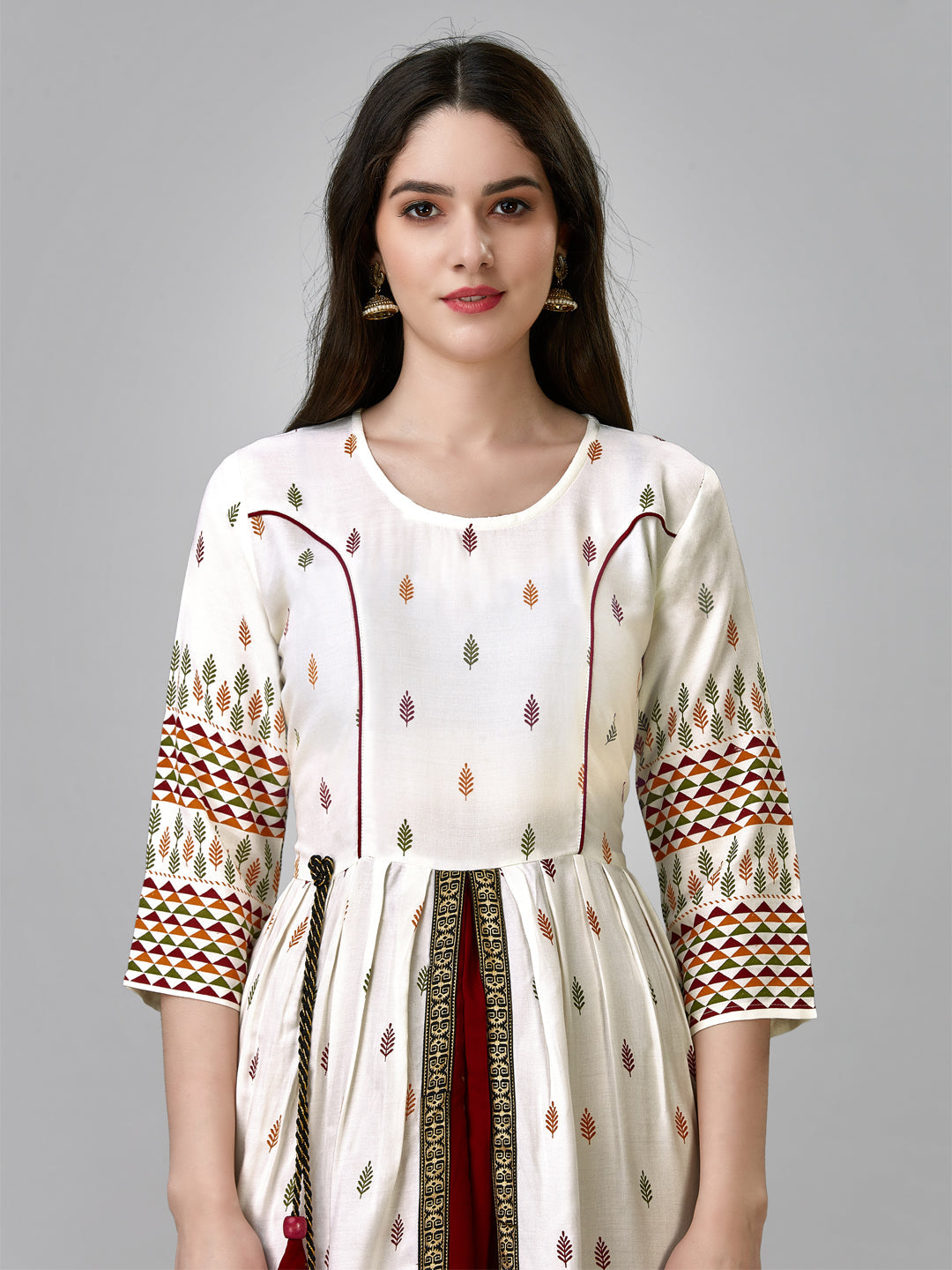 Jyoti Fashion Women's White Rayon Leaf Printed Long Designer Anarkali Dress | Swadesiicart