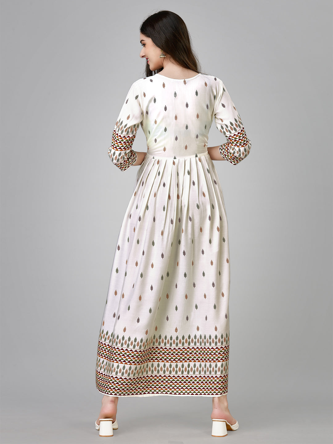 Jyoti Fashion Women's White Rayon Leaf Printed Long Designer Anarkali Dress | Swadesiicart
