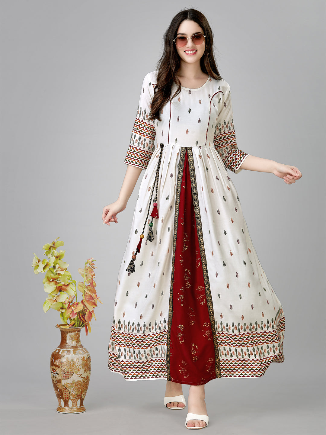 Jyoti Fashion Women's White Rayon Leaf Printed Long Designer Anarkali Dress | Swadesiicart