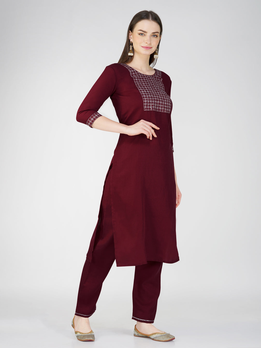 Jyoti Fashion Women's Maroon Cotton Blend Sequins Embroidered Kurta Set | Swadesiicart