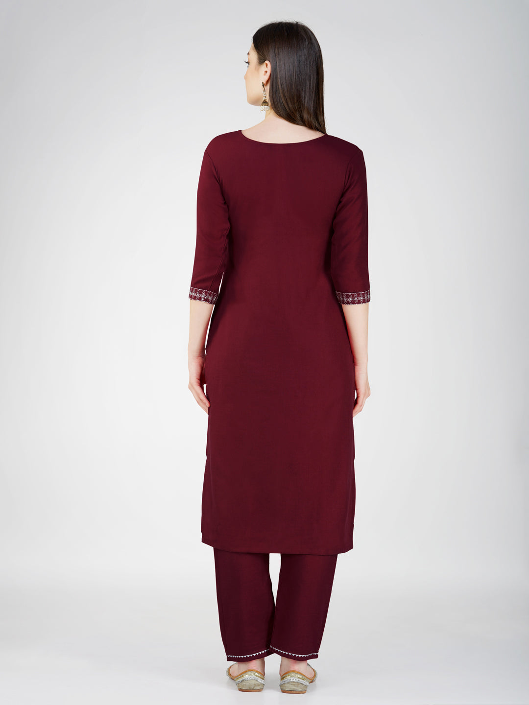 Jyoti Fashion Women's Maroon Cotton Blend Sequins Embroidered Kurta Set | Swadesiicart