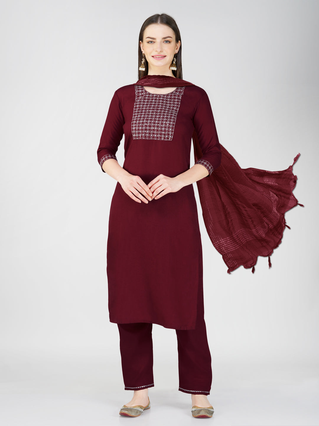 Jyoti Fashion Women's Maroon Cotton Blend Sequins Embroidered Kurta Set | Swadesiicart