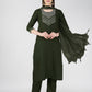 Jyoti Fashion Women's Bottle Green Cotton Blend Sequins Embroidered Kurta Set | Swadesiicart