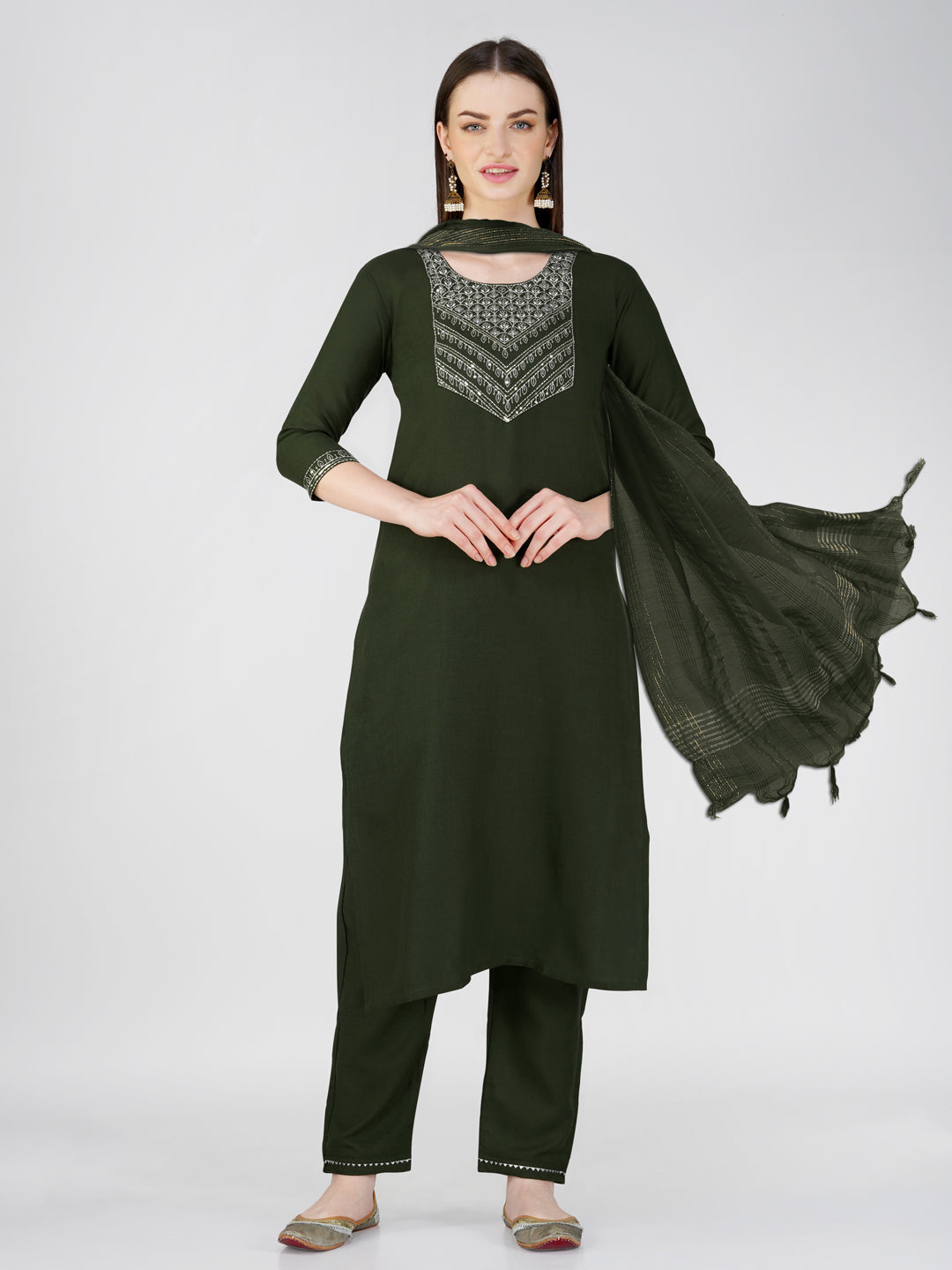 Jyoti Fashion Women's Bottle Green Cotton Blend Sequins Embroidered Kurta Set | Swadesiicart