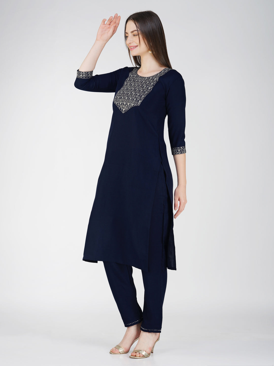 Jyoti Fashion Women's Navy Blue Cotton Blend Sequins Embroidered Kurta Set | Swadesiicart