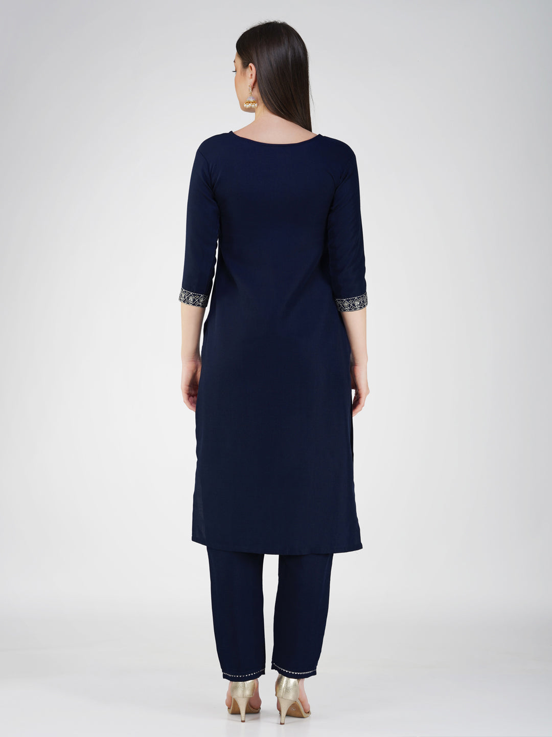 Jyoti Fashion Women's Navy Blue Cotton Blend Sequins Embroidered Kurta Set | Swadesiicart