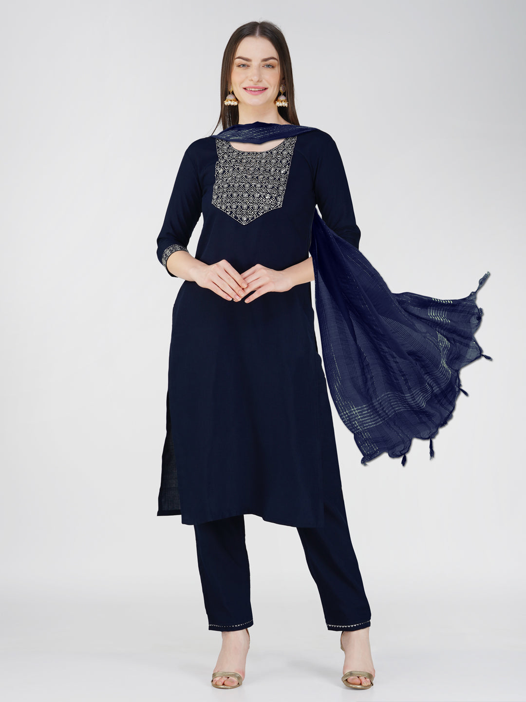Jyoti Fashion Women's Navy Blue Cotton Blend Sequins Embroidered Kurta Set | Swadesiicart