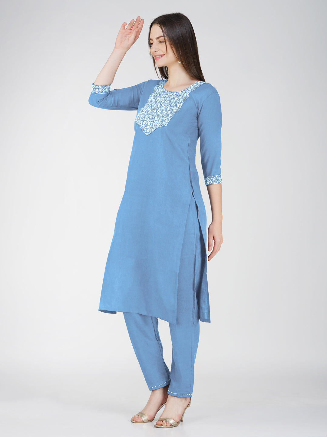 Jyoti Fashion Women's Sky Blue Cotton Blend Sequins Embroidered Kurta Set | Swadesiicart