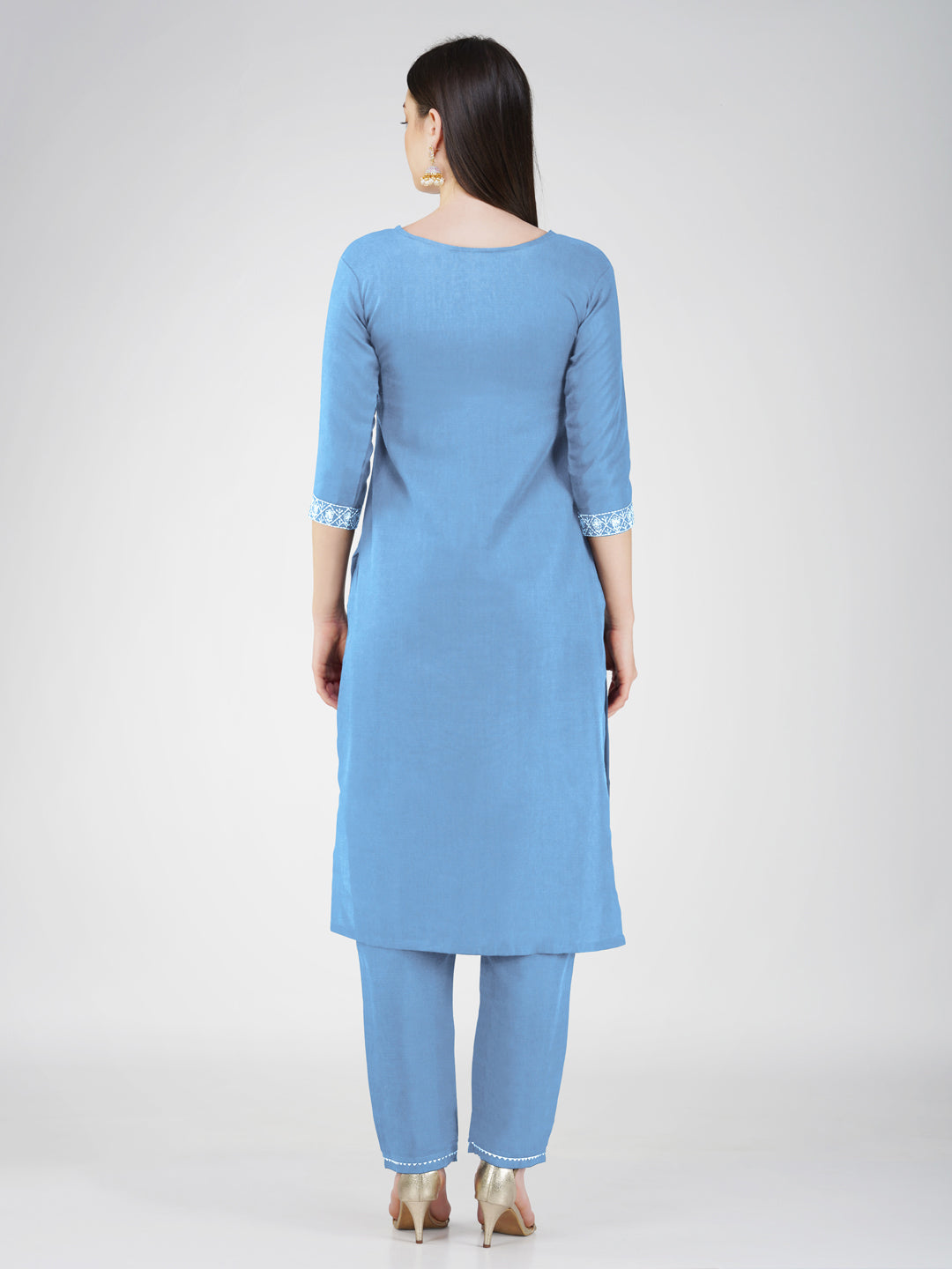 Jyoti Fashion Women's Sky Blue Cotton Blend Sequins Embroidered Kurta Set | Swadesiicart