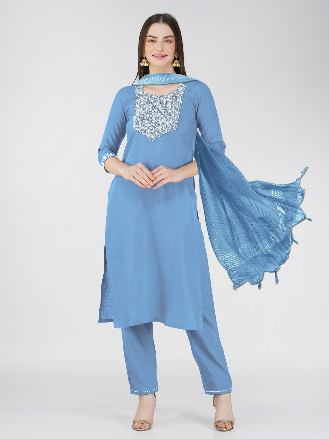 Jyoti Fashion Women's Sky Blue Cotton Blend Sequins Embroidered Kurta Set | Swadesiicart