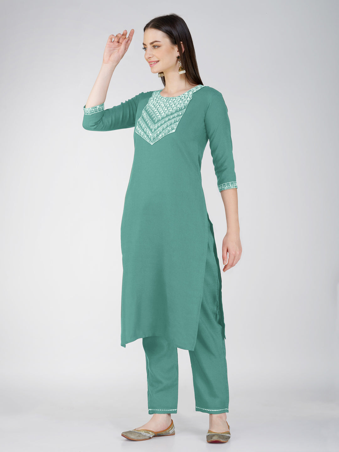 Jyoti Fashion Women's Teal Cotton Blend Sequins Embroidered Kurta Set | Swadesiicart