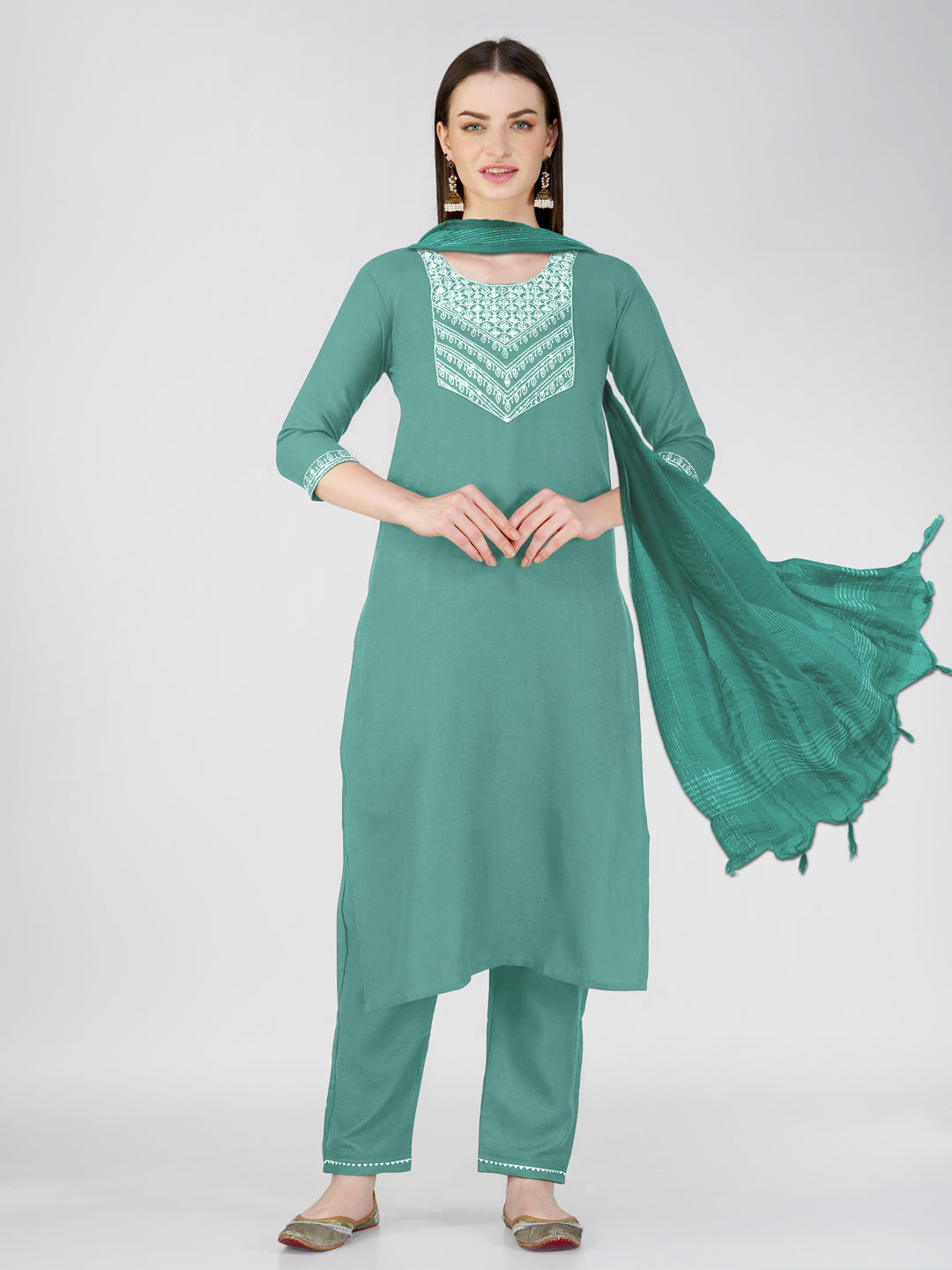 Jyoti Fashion Women's Teal Cotton Blend Sequins Embroidered Kurta Set | Swadesiicart