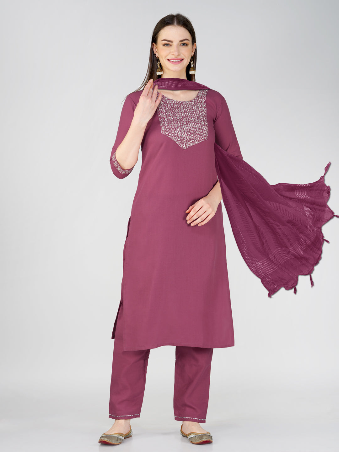 Jyoti Fashion Women's Wine Cotton Blend Sequins Embroidered Kurta Set | Swadesiicart