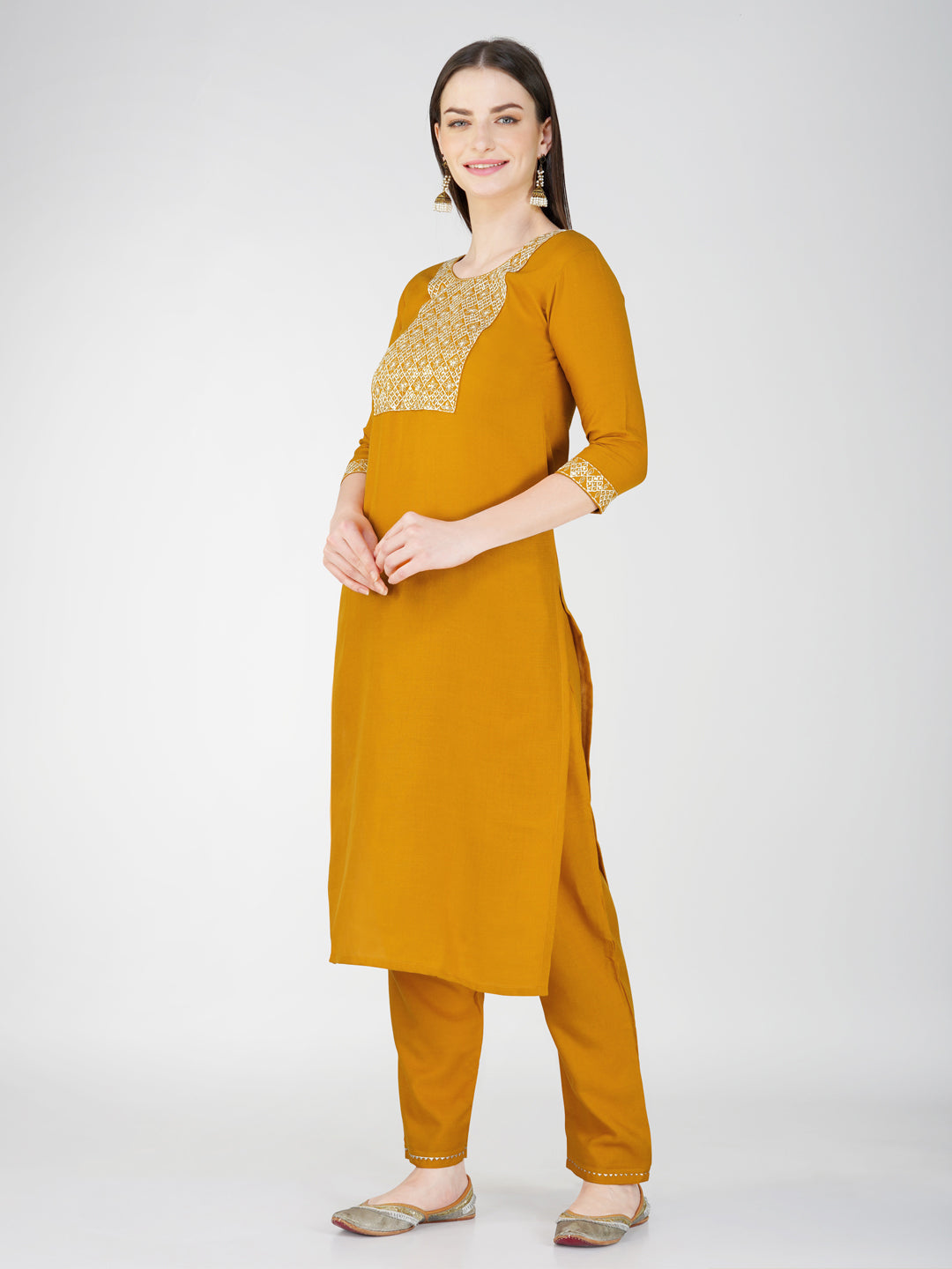 Jyoti Fashion Women's Mustard Cotton Blend Sequins Embroidered Kurta Set | Swadesiicart
