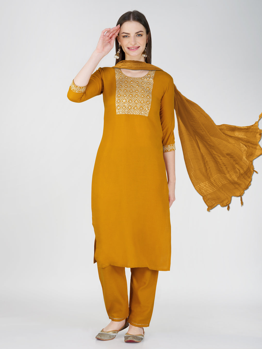 Jyoti Fashion Women's Mustard Cotton Blend Sequins Embroidered Kurta Set | Swadesiicart