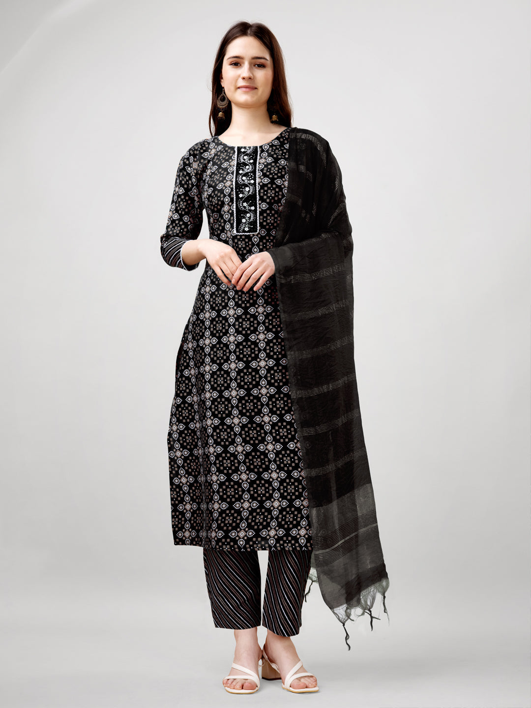 Jyoti Fashion Women's Black Rayon Printed with Embroidered Kurta Set | Swadesiicart