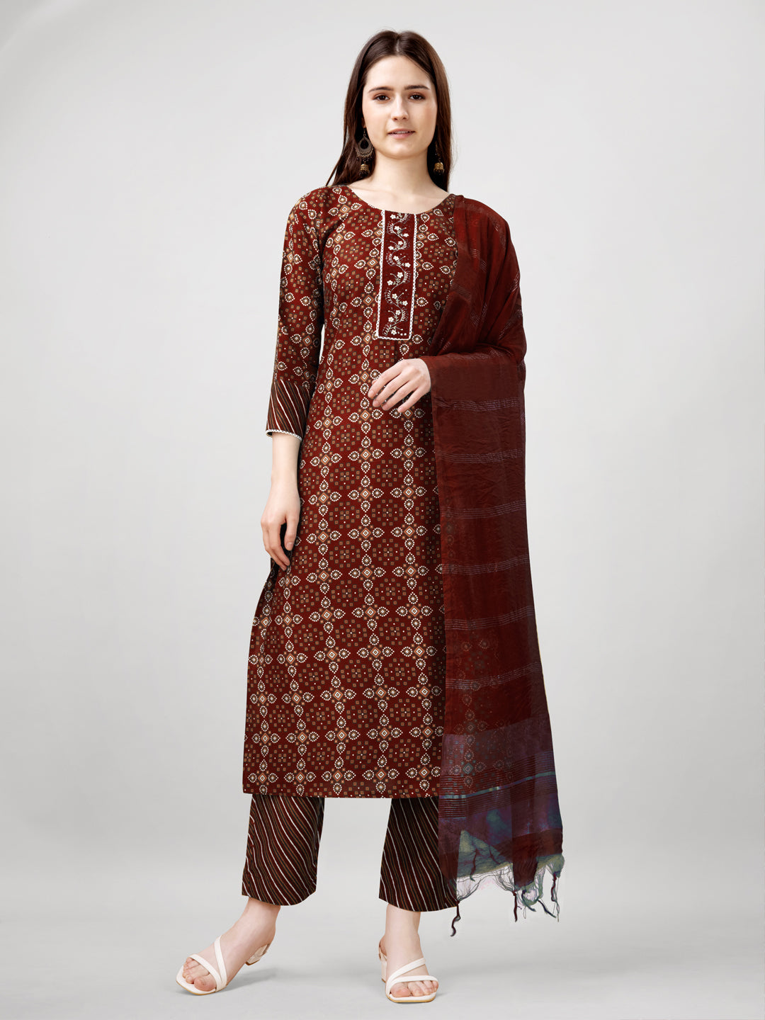 Jyoti Fashion Women's Maroon Rayon Printed with Embroidered Kurta Set | Swadesiicart