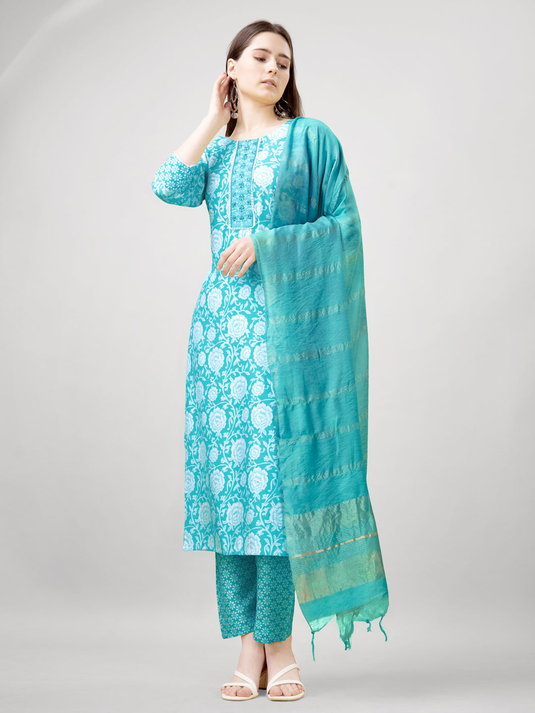 Jyoti Fashion Women's Sky Blue Rayon Printed with Embroidered Kurta Set | Swadesiicart