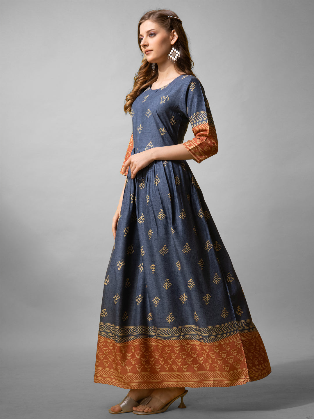 Jyoti Fashion Women's Denim Blue Rayon Abstract Printed Designer Anarkali Dress | Swadesiicart