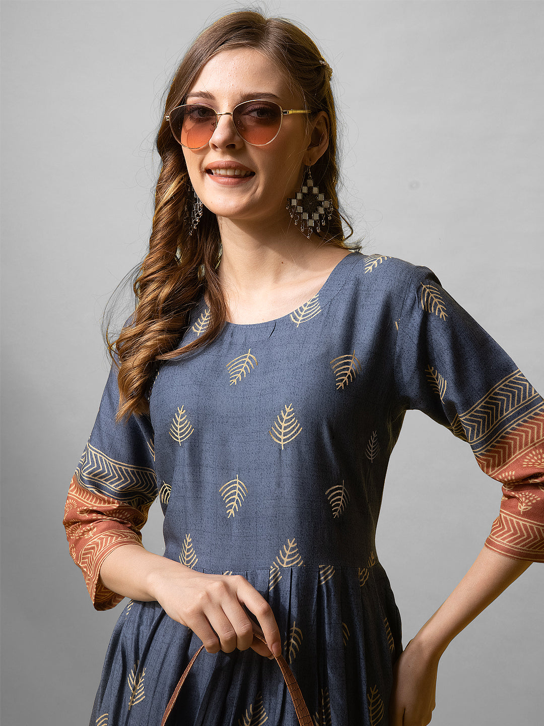 Jyoti Fashion Women's Denim Blue Rayon Abstract Printed Designer Anarkali Dress | Swadesiicart